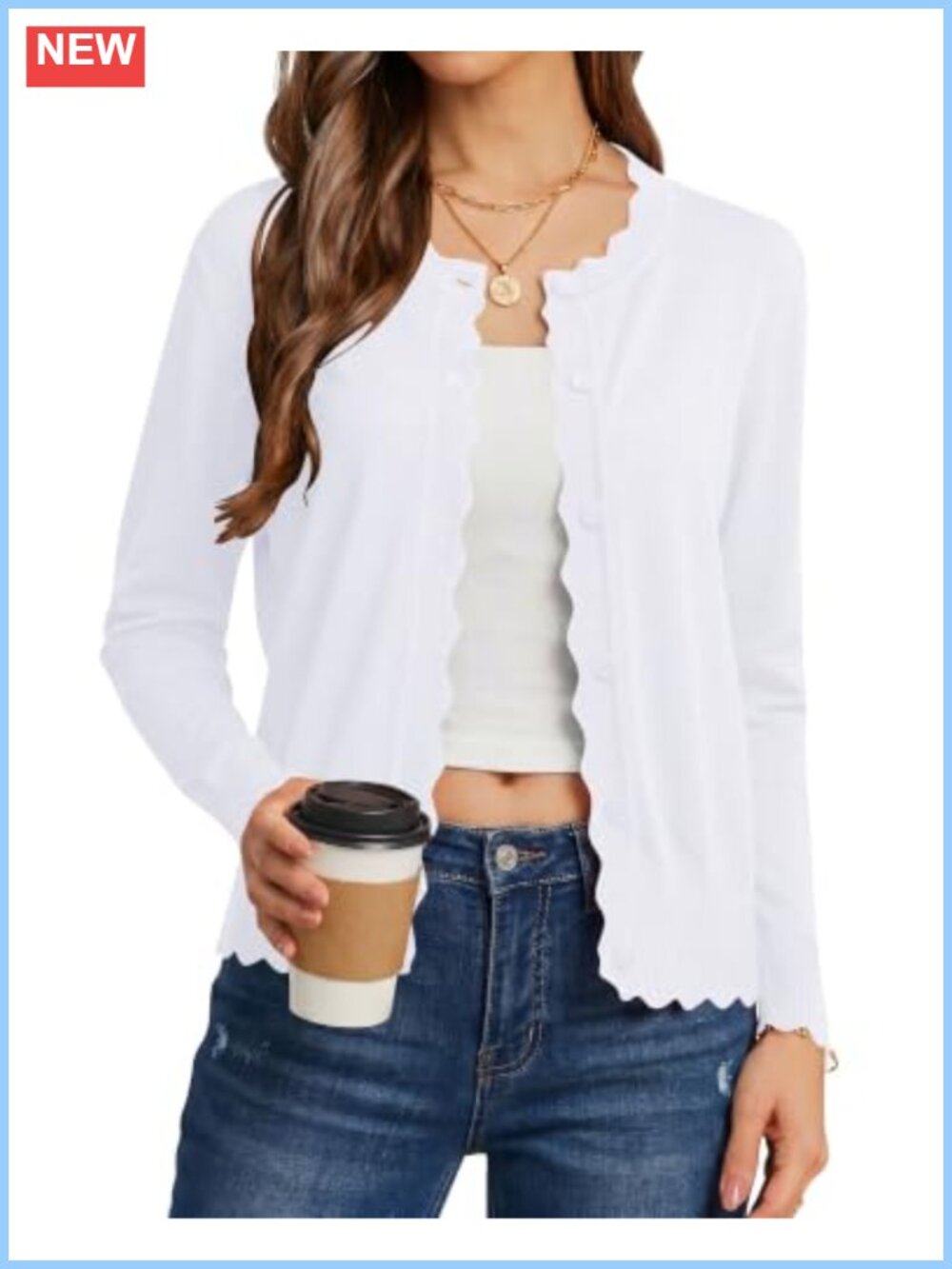 Women's Lightweight Button Down Cardigan Sweater with Scalloped Trim